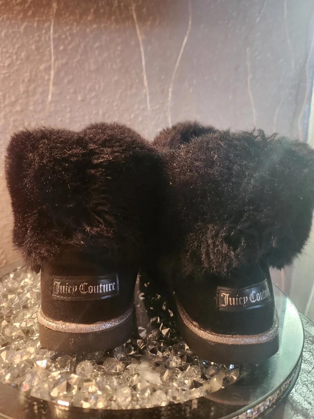 Juicy Couture Black Faux Fur Cuff Boots with Metallic Trim